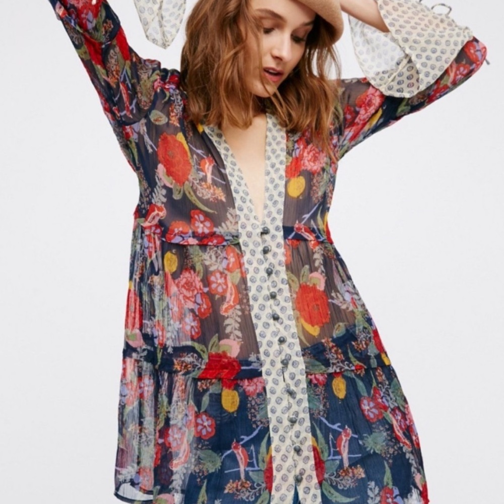 Free People Women's Tunic Bohemian Blue & Red Blouse Sheer Collared tie sleeves